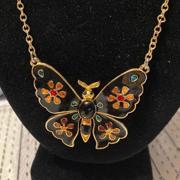 Source Unknown Jewelry - Vintage Black Cloisonné Enamel Butterfly Necklace